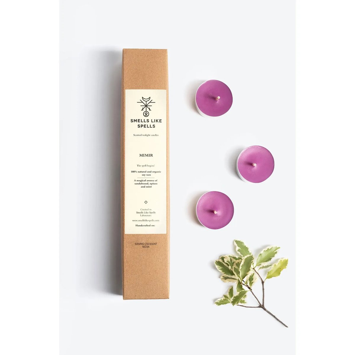 Smells Like Spells Natuurlijke Waxinelichtjes (6 stuks) MIMIR doosje met kaarsjes en blad