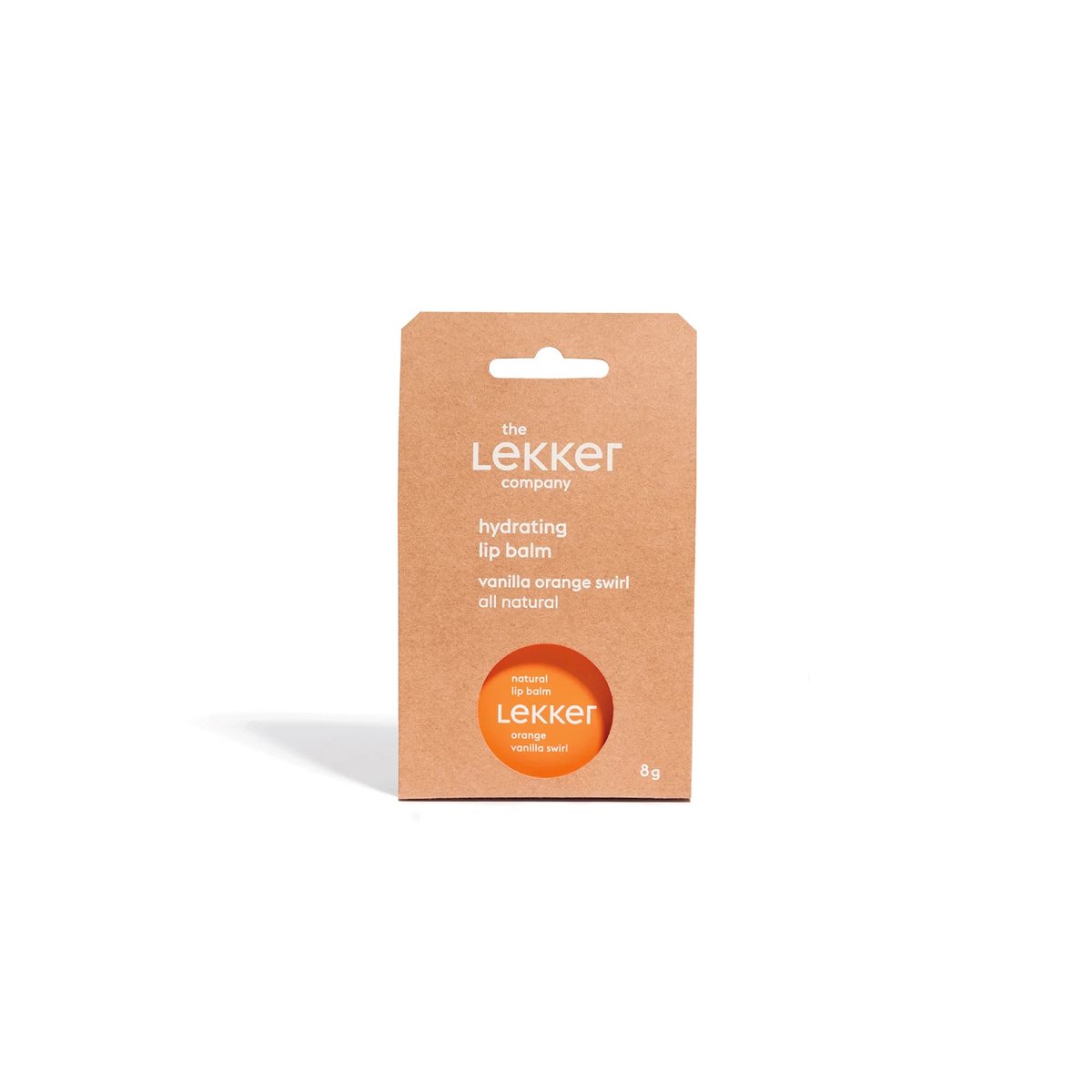 The Lekker Company Natuurlijke Lippenbalsem Orange Vanilla Swirl verpakking van voren