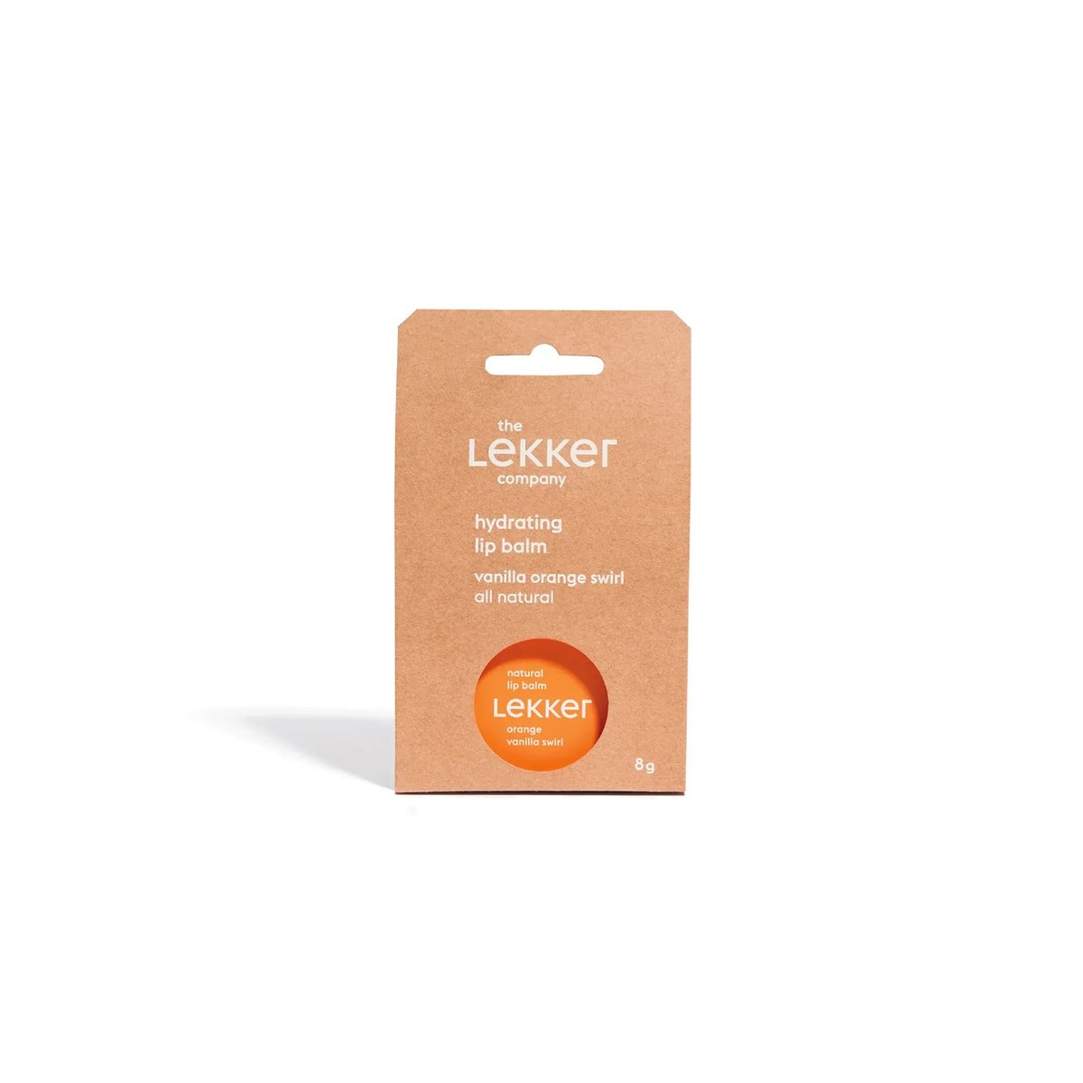 The Lekker Company Natuurlijke Lippenbalsem Orange Vanilla Swirl verpakking van voren