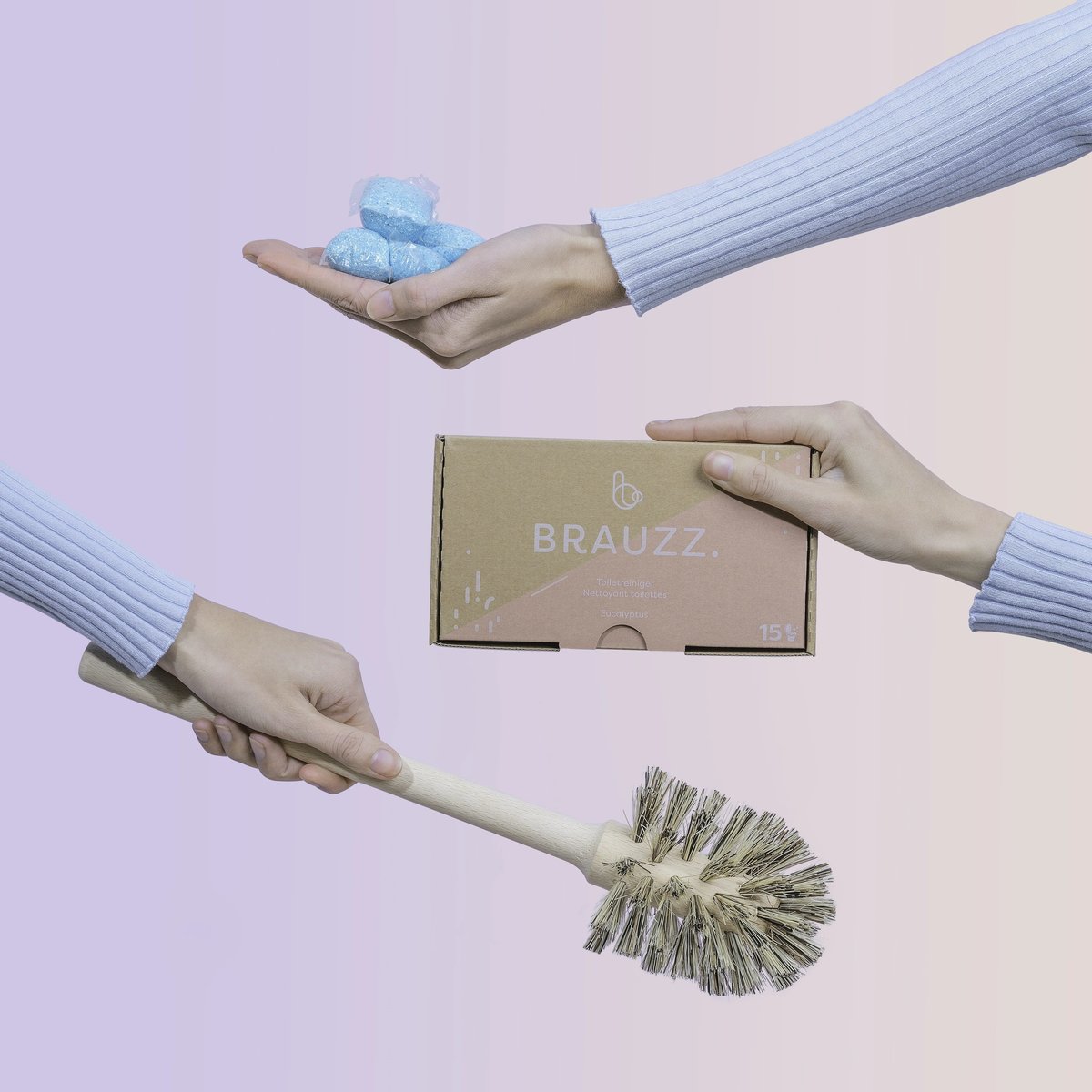 Brauzz Toiletreiniger Capsules (15 stuks) in hand doosje en toiletborstel