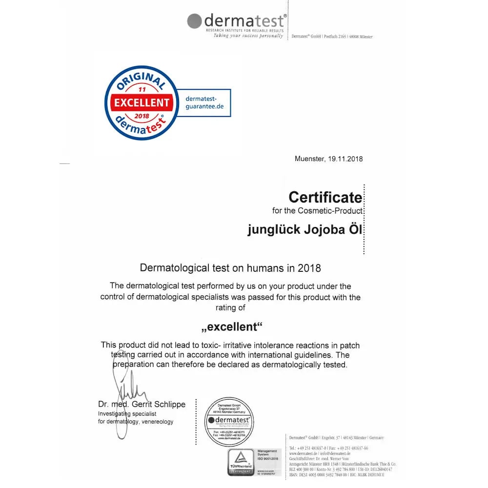 Junglück Jojoba Olie (100 ml) Dermatest