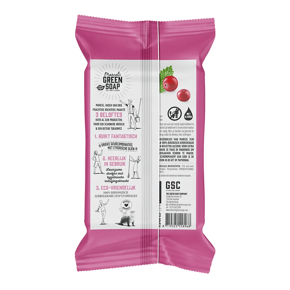 Marcel’s Green Soap Hygiënische Schoonmaakdoekjes - Patchouli & Cranberry verpakking achterkant