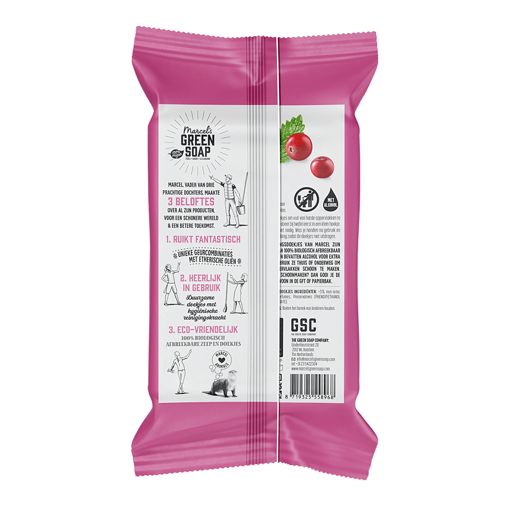 Marcel’s Green Soap Hygiënische Schoonmaakdoekjes - Patchouli & Cranberry verpakking achterkant
