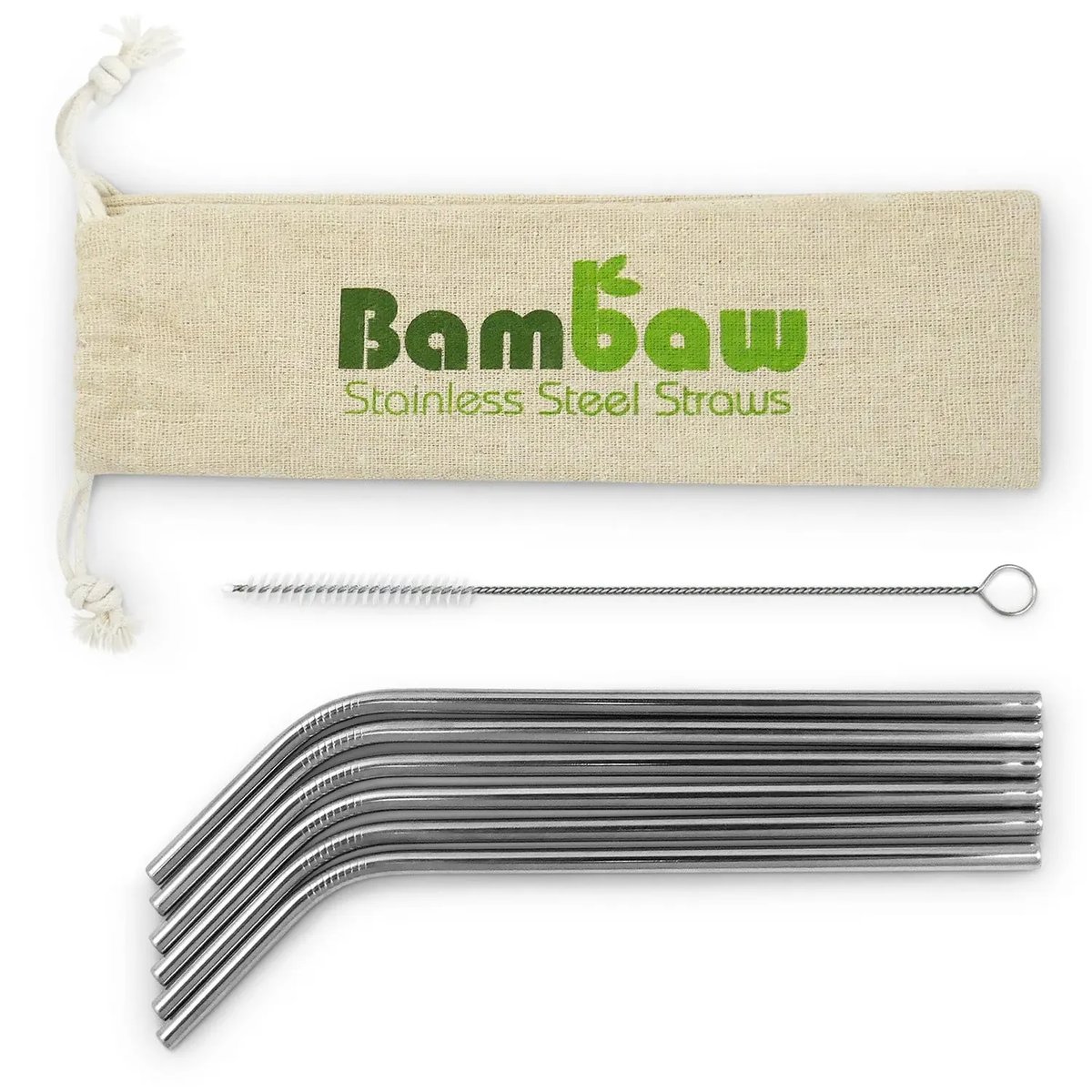 Bambaw metalen rietjes naast katoenen zakje