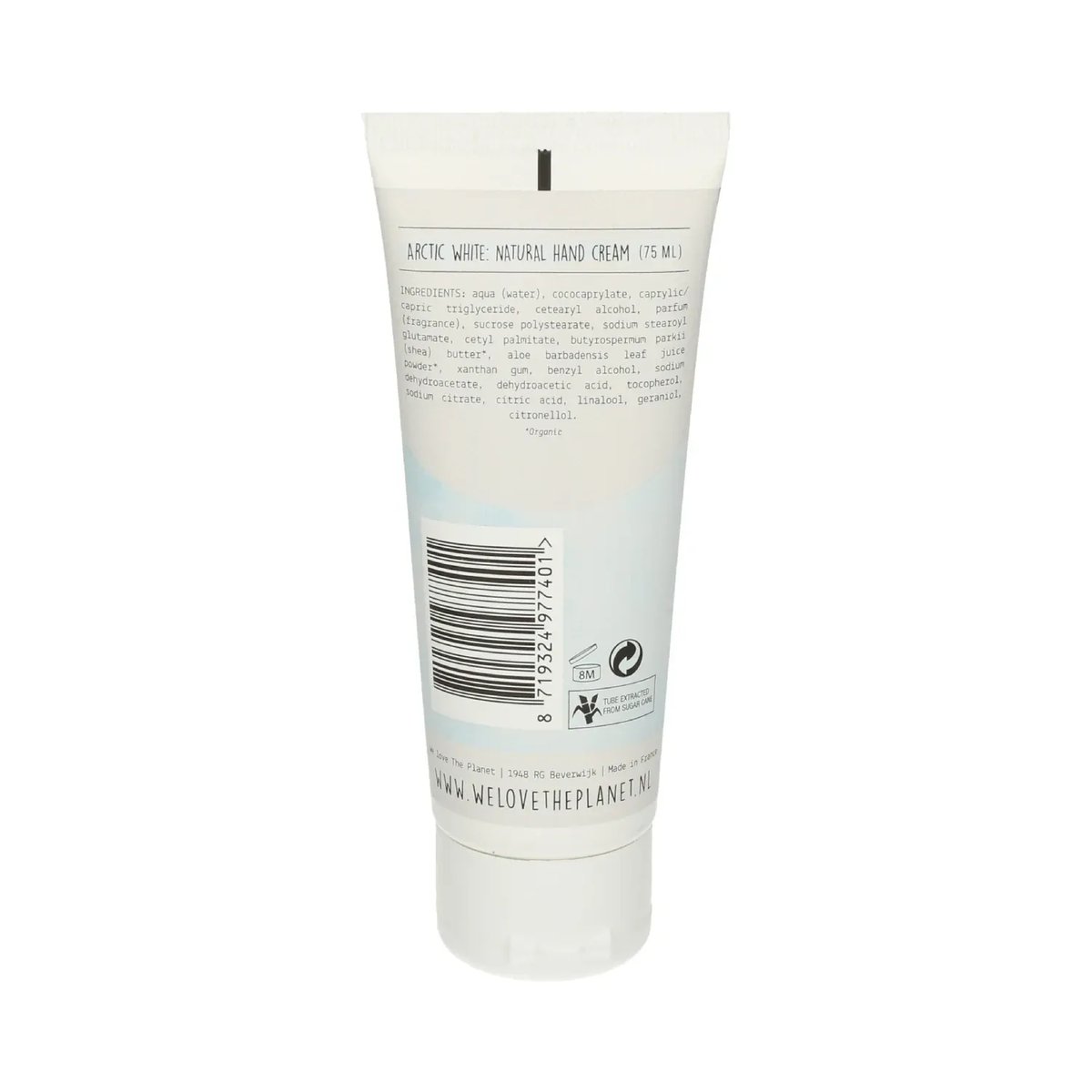 We Love The Planet Handcrème - Arctic White tube achterkant