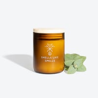 Smells Like Spells Natuurlijke Geurkaars KVASIR glazen pot met houten deksel naast kruid