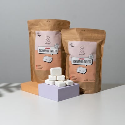 Skosh Plasticvrije Vaatwastabletten (30 stuks) verpakking en tabletten