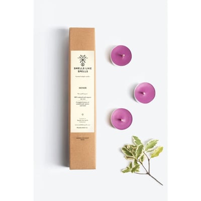 Smells Like Spells Natuurlijke Waxinelichtjes (6 stuks) MIMIR doosje met kaarsjes en blad
