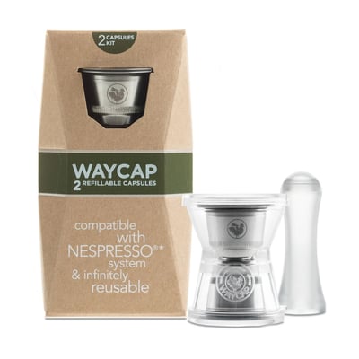 WayCap Nespresso Hervulbare Cups 2 cups doosje cupje dispenser en tamper